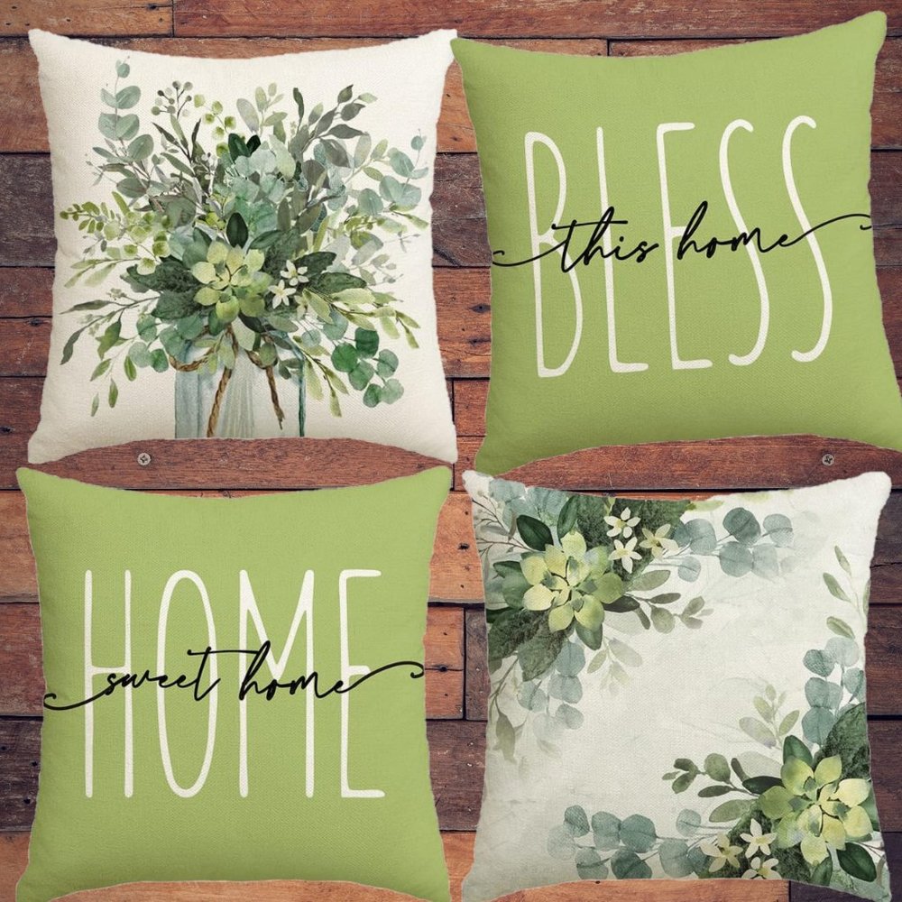 Decorative Throw Pillow Covers Green Spring Summer Floral Farmhouse Decor 18x18